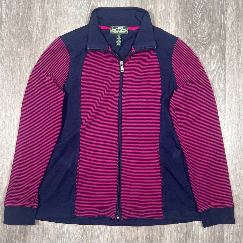 Lauren Ralph Lauren Womens Full Zip Jacket Size L Pink Blue Stripe Active